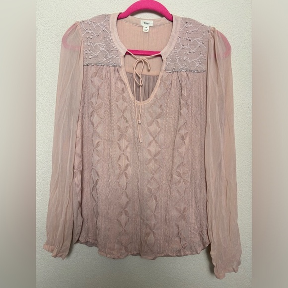 Tiny Anthropologie Blush Pink Embroidered Chiffon Long Sleeve Peasant Blouse S - Picture 12 of 12